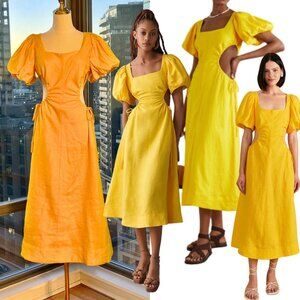 🆕 FARM Rio 🧿 NWOT Linen Cut Out Midi Dress, Yellow - Size XS